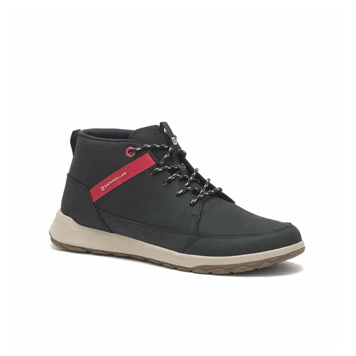 Men's mid-top sneakers, black leather-look upper with red side logo patch, lace-up