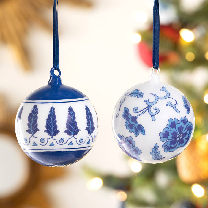 Chinoiserie Peony/Feathers Glass Ball Ornament