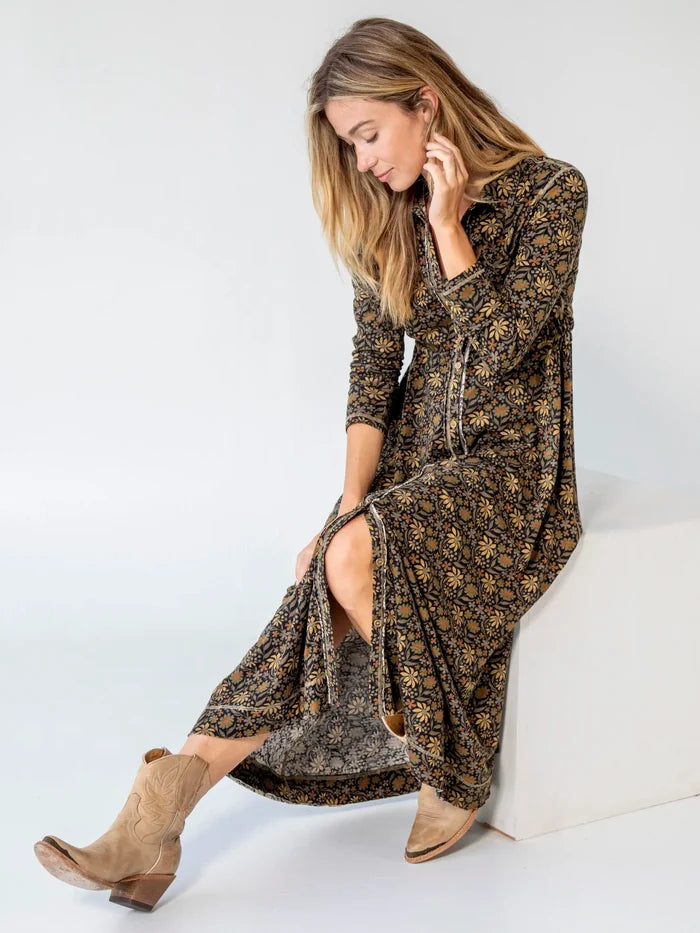Christa Cotton Midi Dress - Black Tan Daisies-view 5