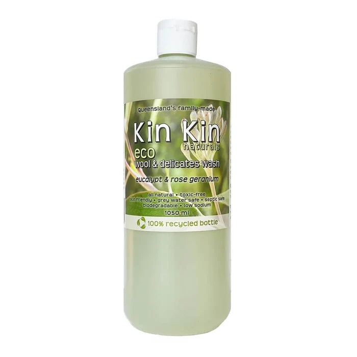 Bottle of Kin Kin eco wool & delicates wash on a white background