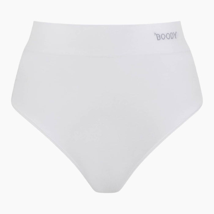 White high-waisted briefs with a wide waistband and the brand name 'BOODY' printed in gray on the right side of the waistband, shown against a plain white background.