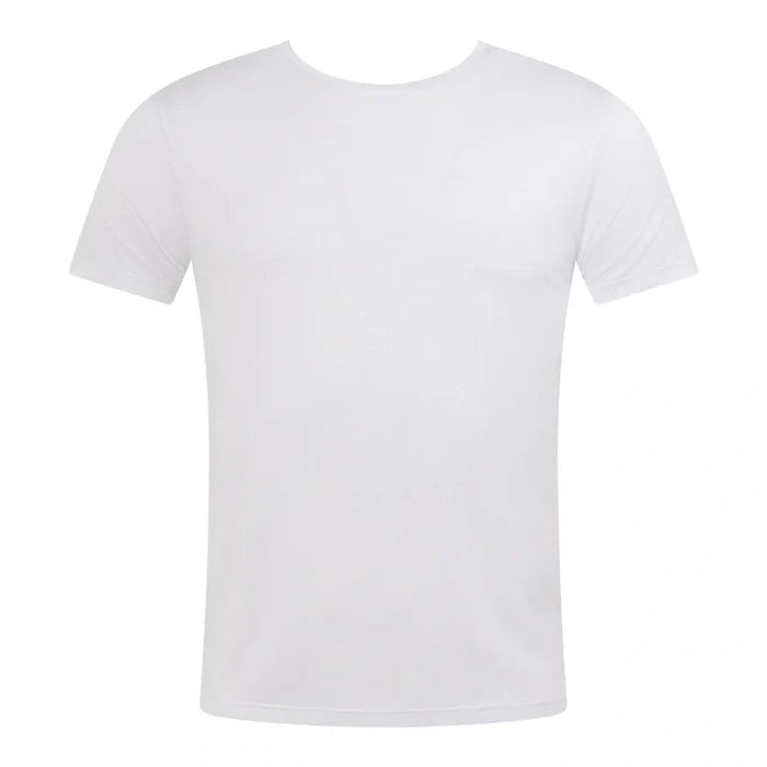 A plain white short-sleeve crewneck t-shirt shown against a solid white background.