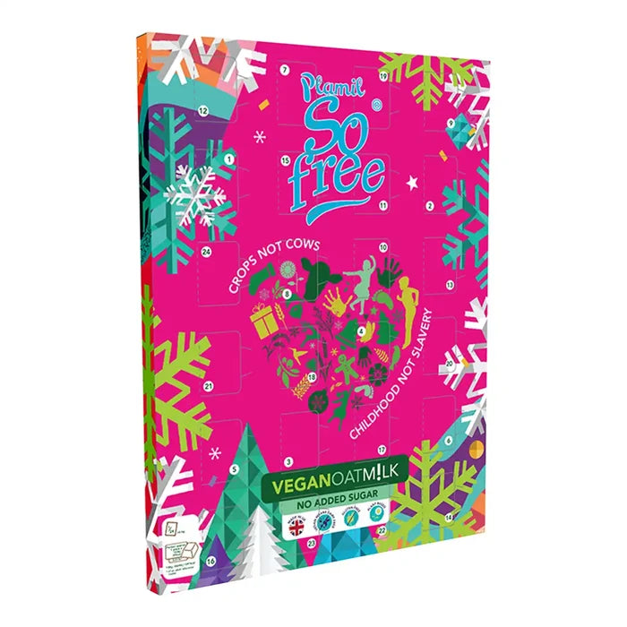 Vegan So Free vegan oat milk carton packaging with a bright pink background, colorful snowflake and geometric border designs, and a central heart-shaped grid illustration with vegan-themed icons and text.