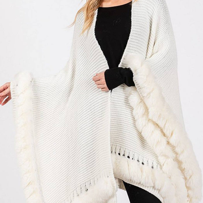 Silver Grey Faux Fur Trim Cape Poncho