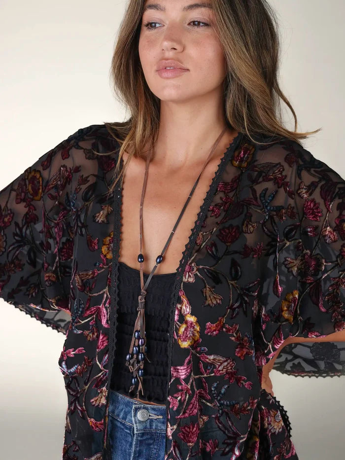 Velvet Burnout Kimono - Black Rose Branches-view 3