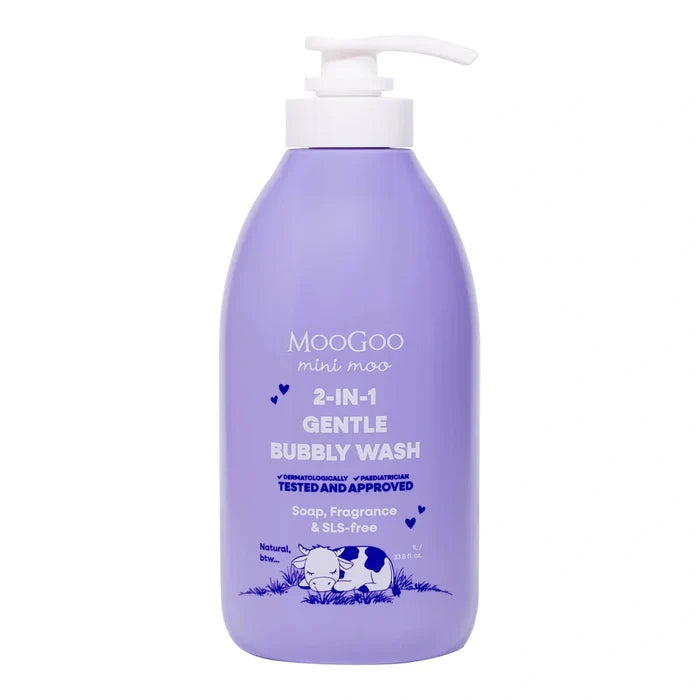 MooGoo Mini Moo 2-in-1 Gentle Bubbly Wash 1 Litre in a purple pump bottle with a white pump top.