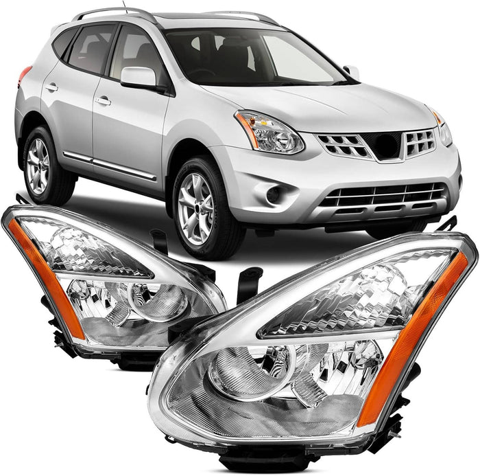 2008-2013 Nissan Rogue Chrome Headlights, Crystal Clear Lens Assembly, Left & Right Side Pair, Direct OEM Fit