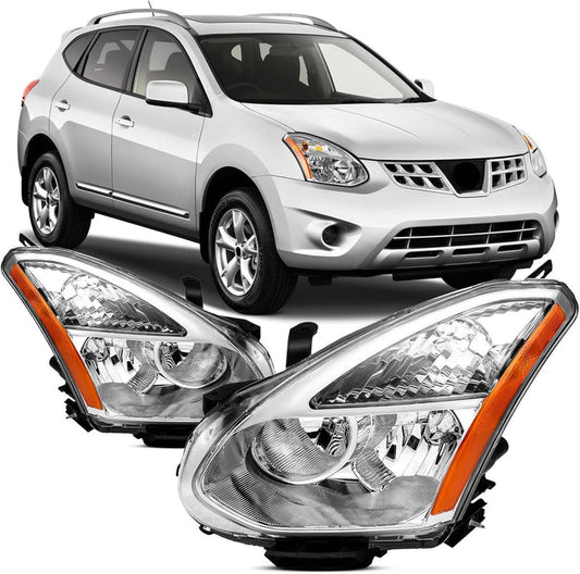 2008-2013 Nissan Rogue Chrome Headlights, Crystal Clear Lens Assembly, Left & Right Side Pair, Direct OEM Fit