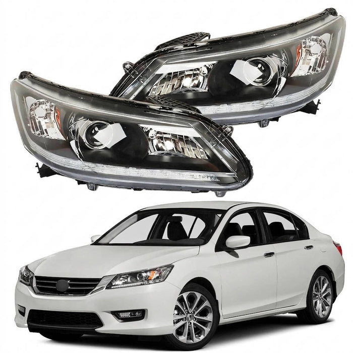 2013-2015 Honda Accord Sedan Halogen Headlights, Integrated LED DRL Assembly, Left & Right Side Pair, Direct OEM Fit