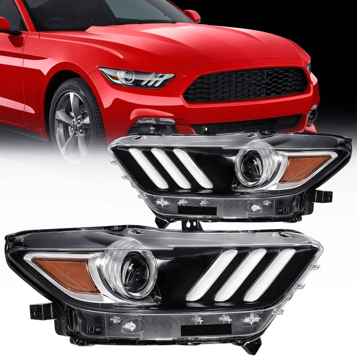 2015-2017 Ford Mustang Chrome Headlights, Crystal Clear Lens Assembly, Left & Right Side Pair, Direct OEM Fitment