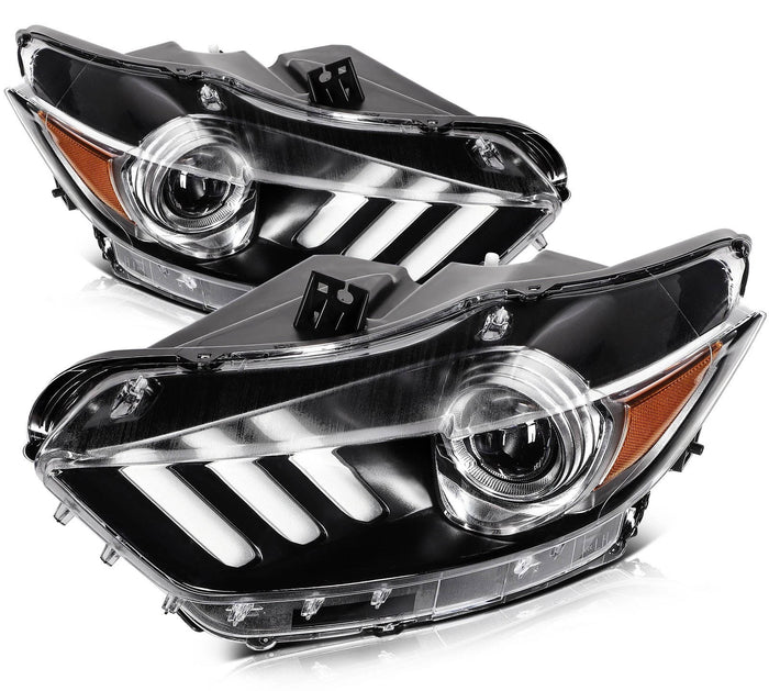 2015-2017 Ford Mustang Chrome Headlights, Crystal Clear Lens Assembly, Left & Right Side Pair, Direct OEM Fitment