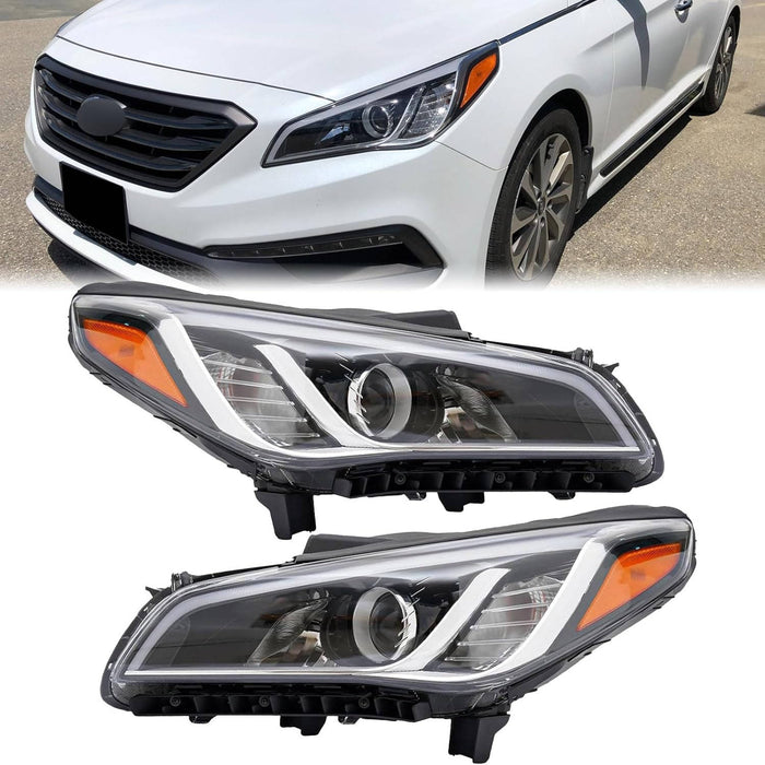 2015-2017 Hyundai Sonata Chrome Halogen Headlights, Factory Style Replacement Pair (Driver & Passenger Side)
