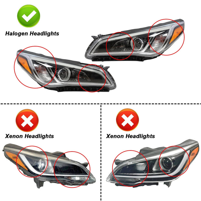 2015-2017 Hyundai Sonata Chrome Halogen Headlights, Factory Style Replacement Pair (Driver & Passenger Side)