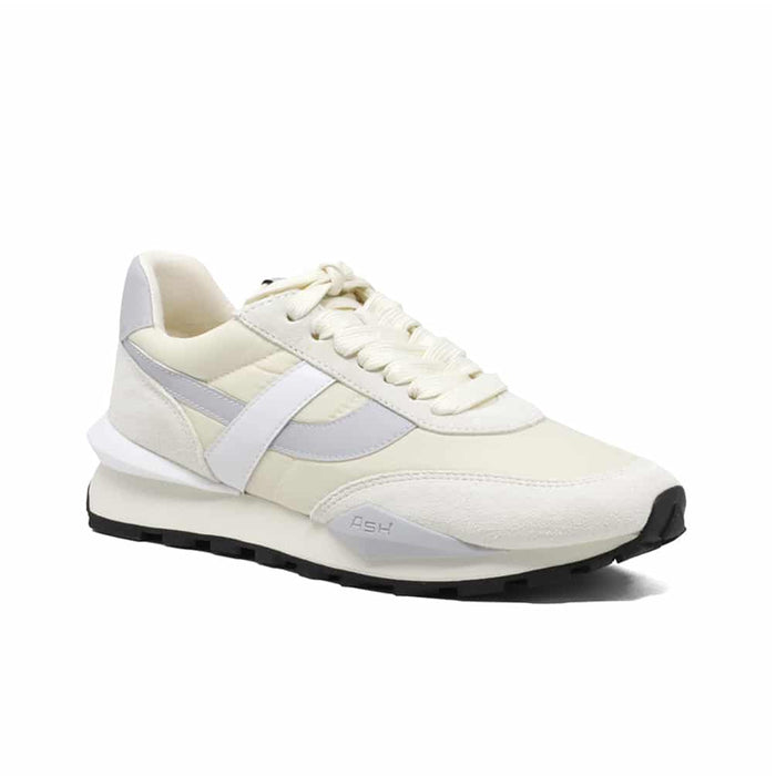 White womens leather lace-up sneakers with light blue panels and chunky black sole