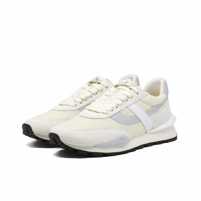 White womens leather low-top sneakers with lace-up front, light blue accents, black sole