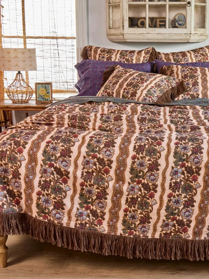 Boho Fringe Bedspread - Brocade Tapestry Cream-view 1