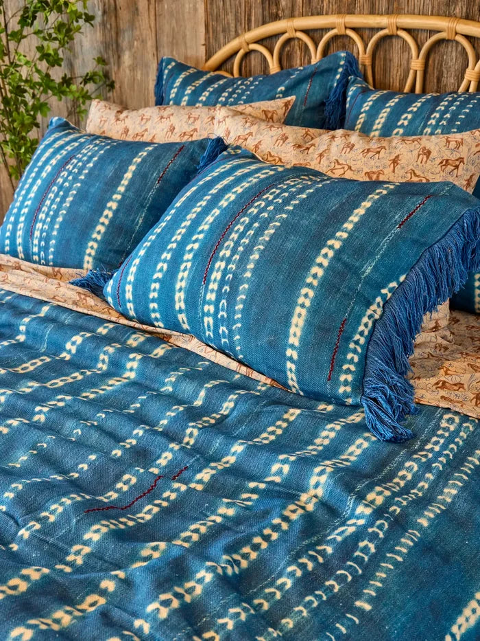 Boho Fringe Shams, Set of 2 - Shibori Stamps Indigo-view 2