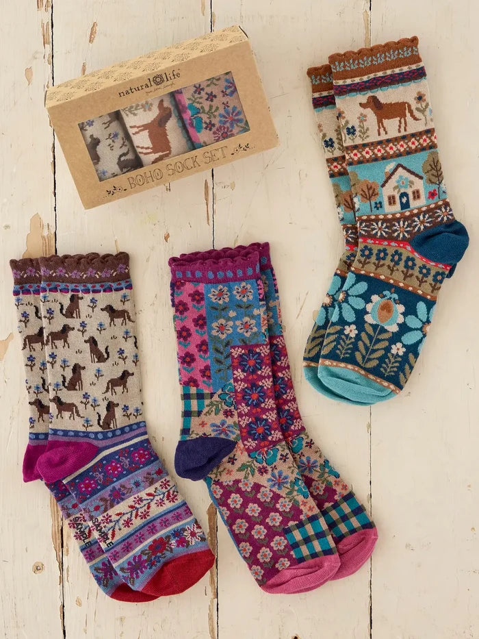 Boxed Boho Sock Set, Set of 3 - Cream Dog-view 3