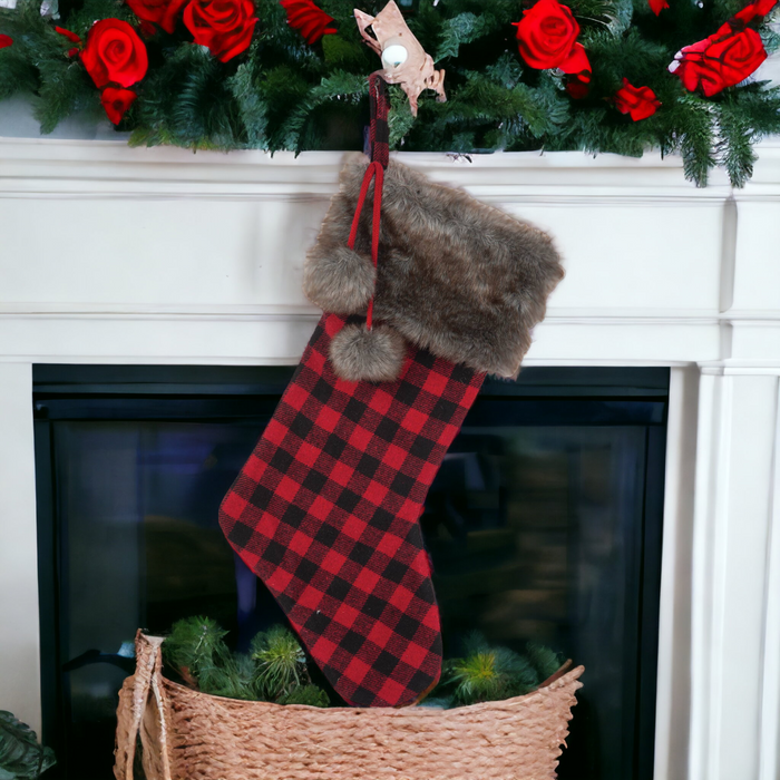Buffalo Check Faux Fur Trimmed Stocking
