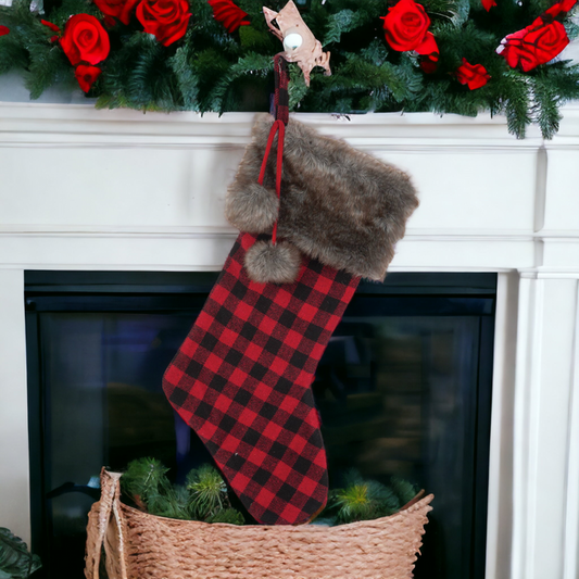 Buffalo Check Faux Fur Trimmed Stocking