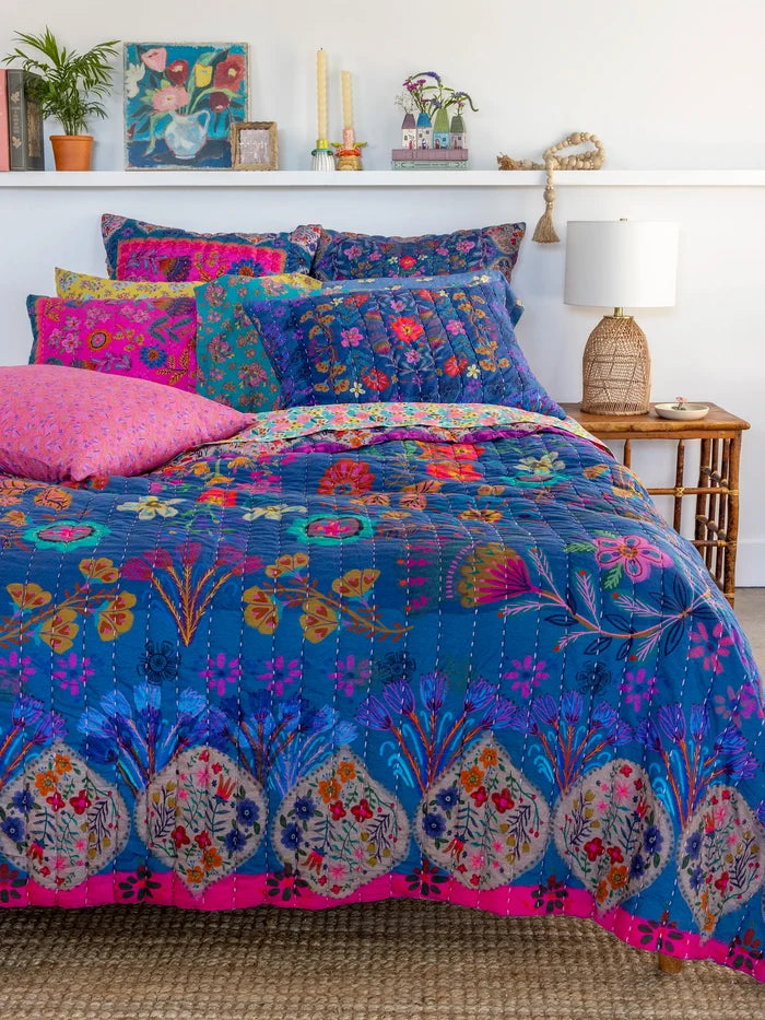 Bungalow Reversible Cotton Euro Sham - Navy Folk Flower-view 3