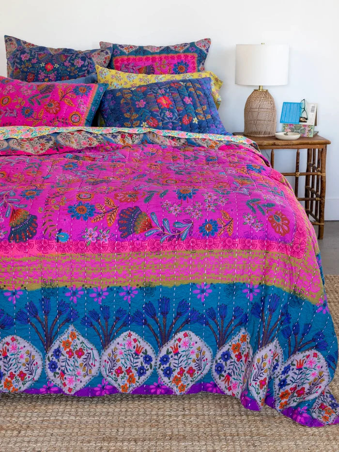 Bungalow Reversible Cotton Quilt - Navy Folk Flower-view 4
