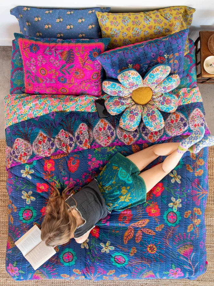 Bungalow Reversible Cotton Quilt - Navy Folk Flower-view 5