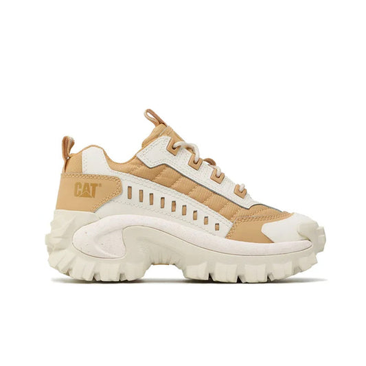 Men's beige leather sneakers, white sole, lace-up with chunky tread