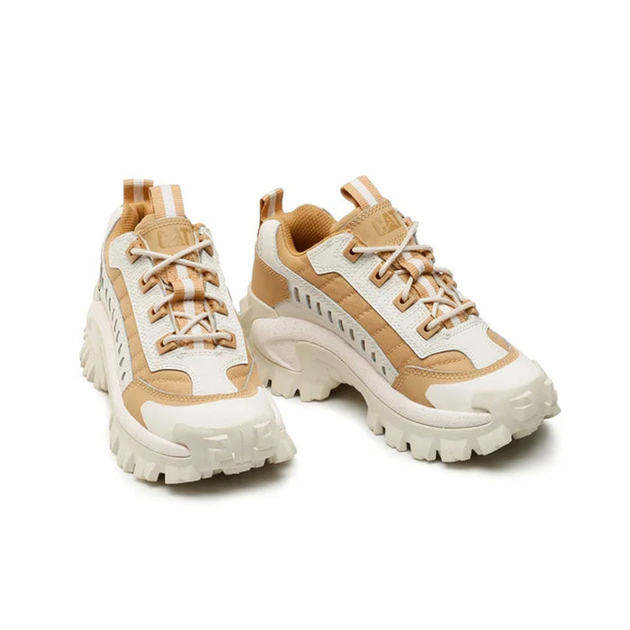 Pair of men's sneakers in beige and white, lace-up with rugged tread sole