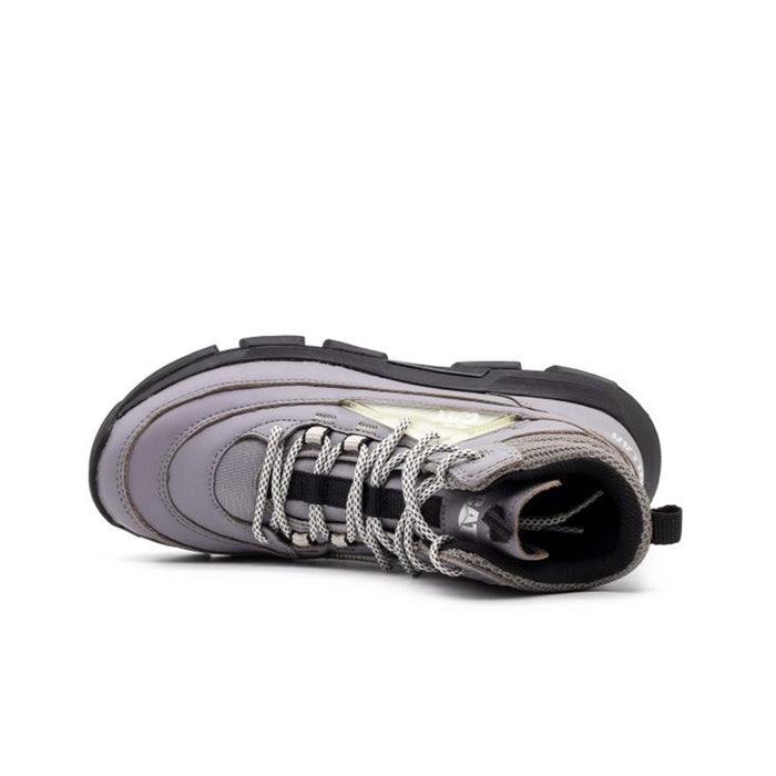 Men's high-top leather sneakers, gray with lace-up and open collar, black sole