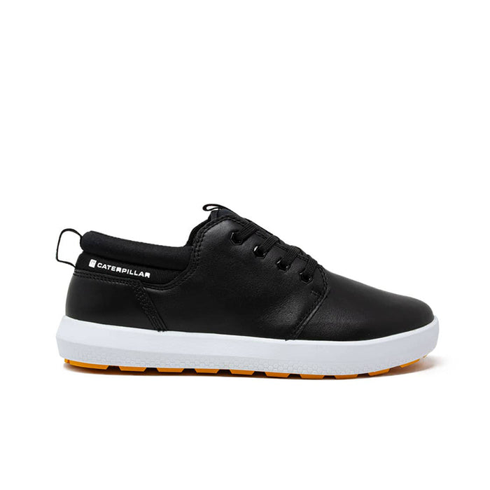 Men's black lace-up sneakers with side pull-tab, white midsole, and grippy outsole