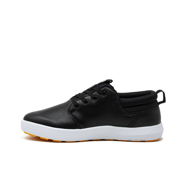 Men's black slip-on sneakers with strap detail, white midsole, and textured outsole