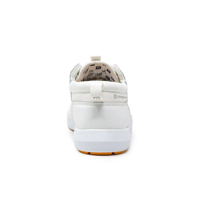 Back view of men's white lace-up sneakers with heel tab and treaded sole