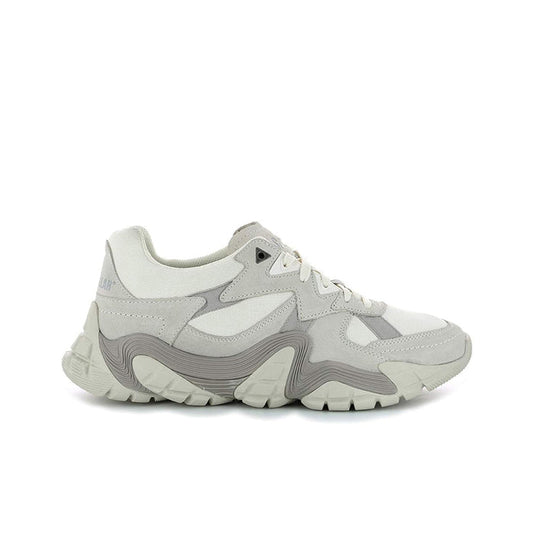 Light gray lace-up leather sneakers with thick wavy sole and side logo detail