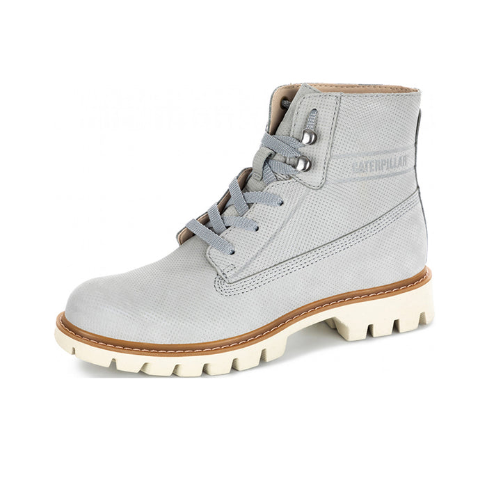 Grey lace-up ankle boots with padded collar and rugged lug sole