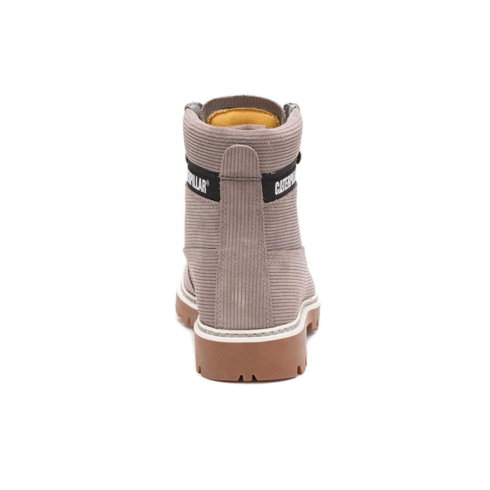 Women's ankle boots in light grey with knit upper, heel, and rugged sole
