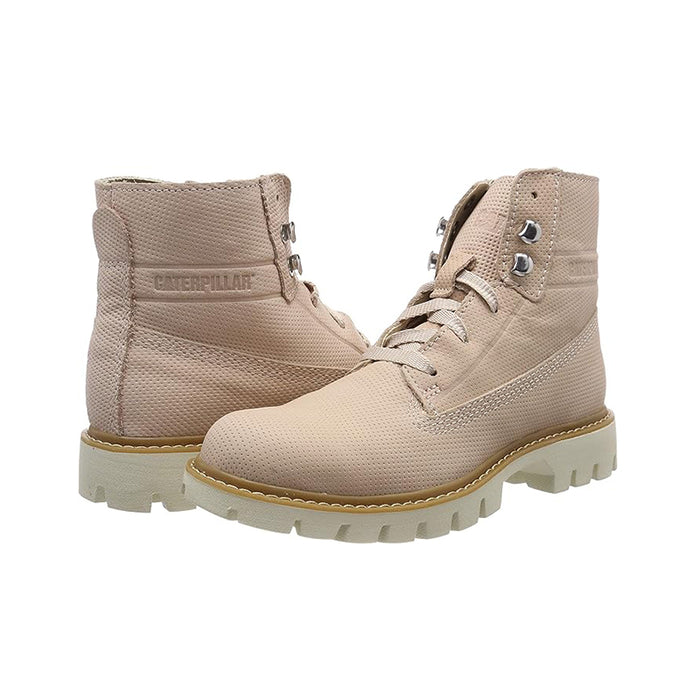 Women’s lace-up ankle boots with CAT logo patch, light taupe and lugged rubber sole