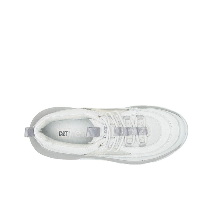 Grey sneaker side view with lace-up closure and CAT logo on tongue
