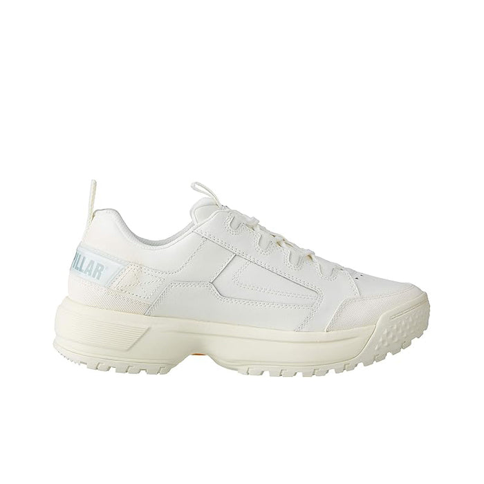 White leather low-top sneakers with lace-up front and chunky rubber sole.