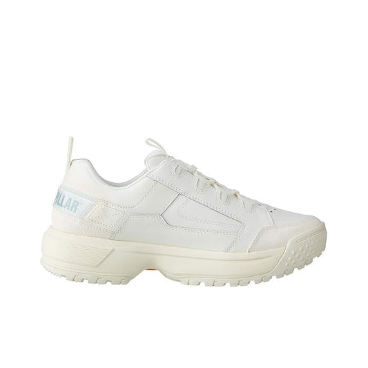 White leather low-top sneakers with lace-up front and chunky rubber sole.