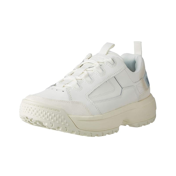 White leather lace-up sneakers with padded collar and textured rubber outsole.