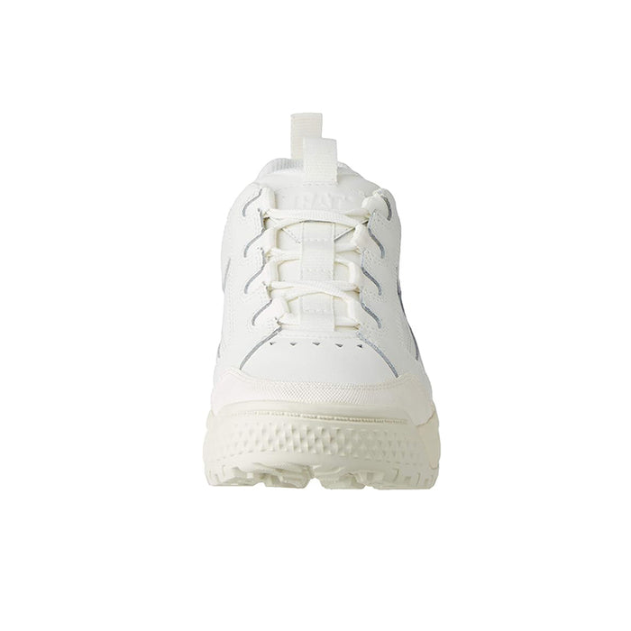 White leather lace-up sneaker with front toe cap and ridged rubber sole detail.