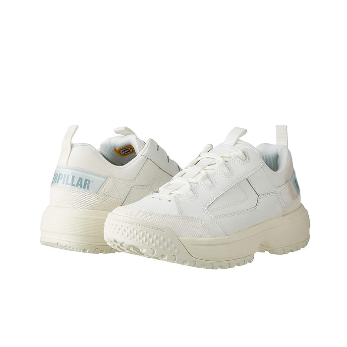 Pair of white leather lace-up sneakers with chunky sole and padded heel collar.