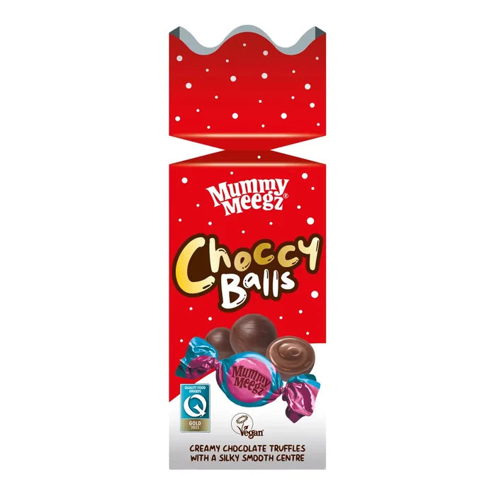 Mummy Meez Choccy Balls chocolate truffles in a red Christmas-themed box with white polka dots, featuring illustrations of chocolate truffles and a Vegan logo.