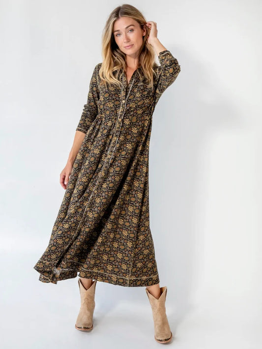 Christa Cotton Midi Dress - Black Tan Daisies-view 1