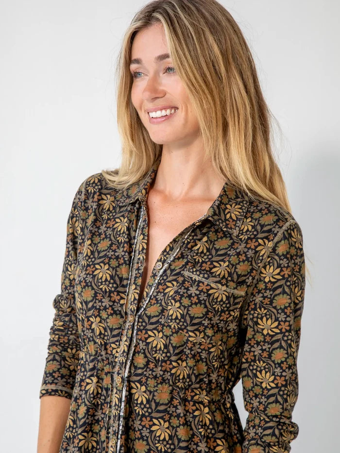 Christa Cotton Midi Dress - Black Tan Daisies-view 2