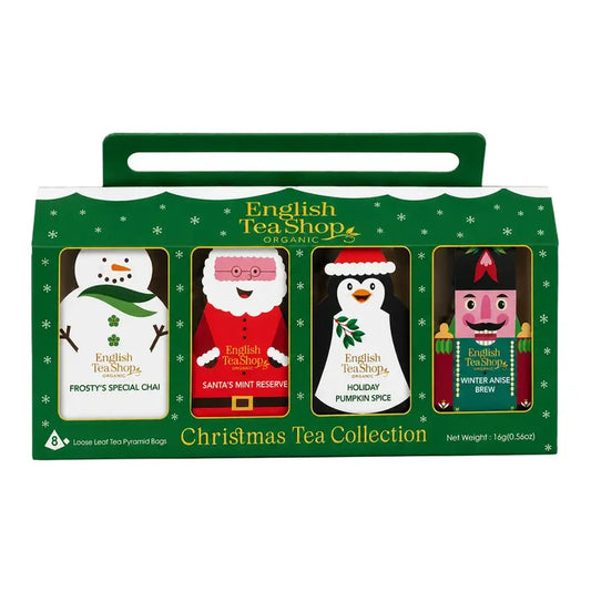 English Tea Shop Organic Christmas Tea Collection in a green gift box with four illustrated tea bags.