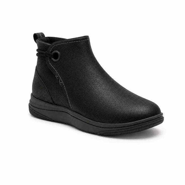 Black leather ankle boots for women with side zip, round toe, and cushioned sole