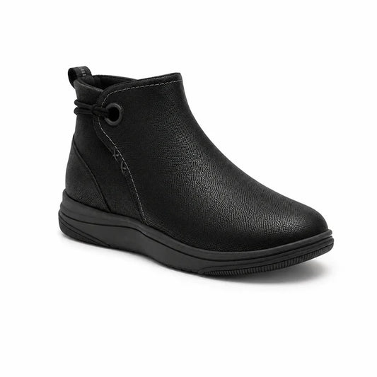 Black leather ankle boots for women with side zip, round toe, and cushioned sole