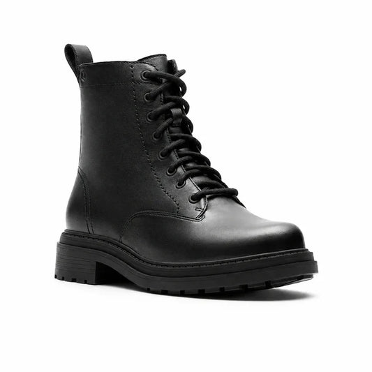 Women's black leather lace-up ankle boots with chunky sole